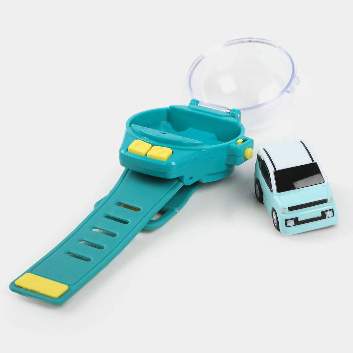 A turquoise toy watch strap with an open clear dome cover and two yellow control buttons, accompanied by a matching light blue mini remote-control car placed next to it on a white background.