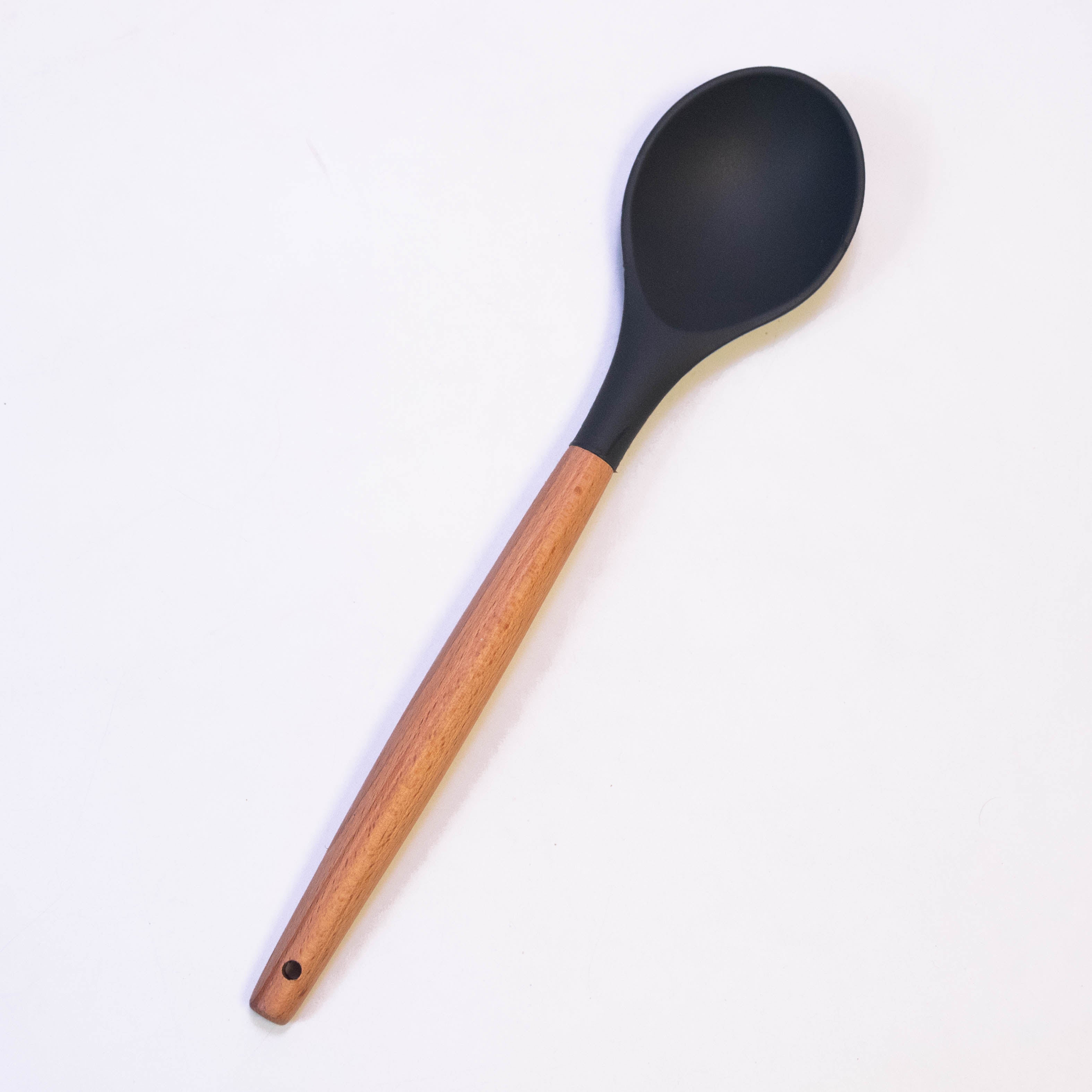 OEM Color Simple Durable Food Grade Kitchen Silicone Serving Spoon with Wooden Handle