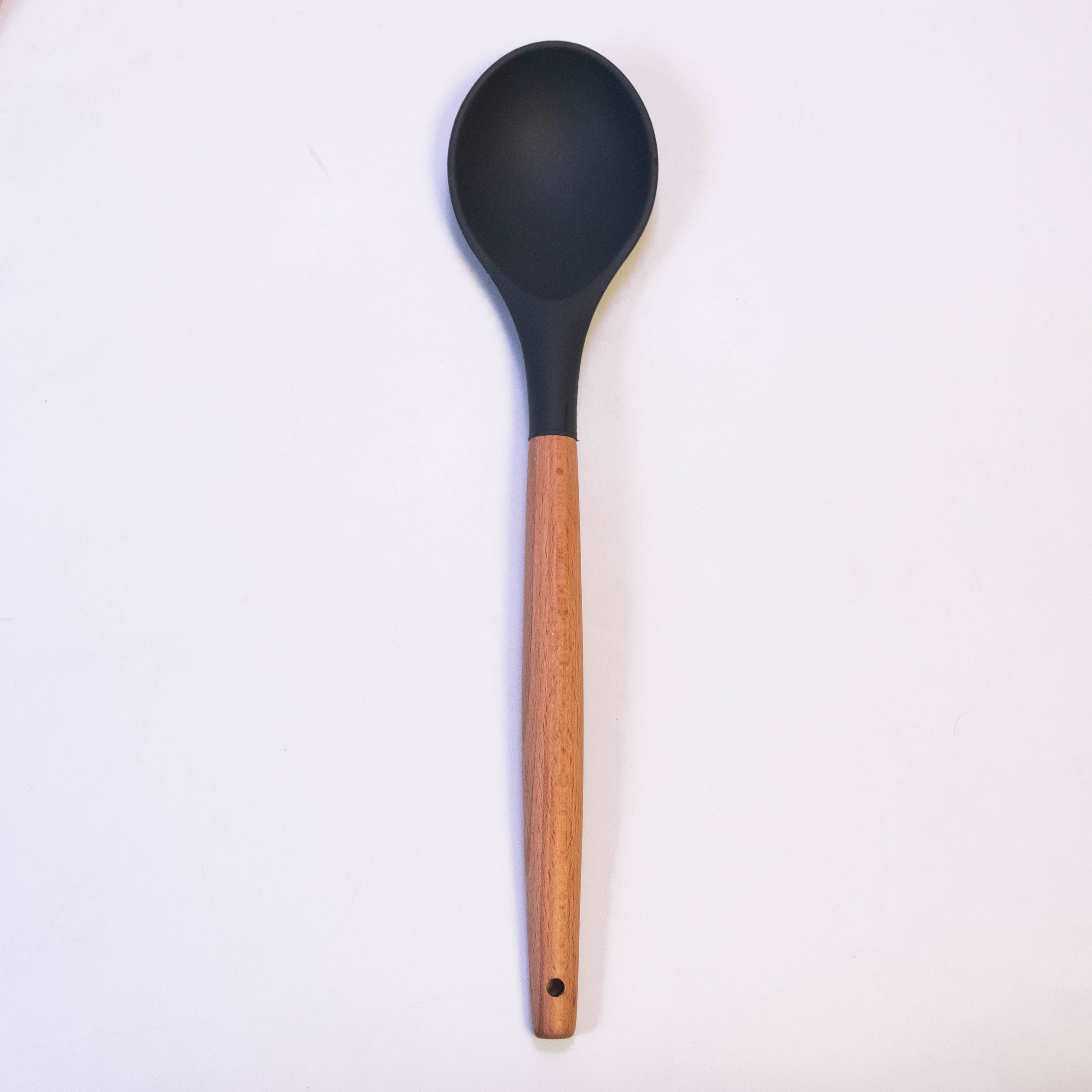 OEM Color Simple Durable Food Grade Kitchen Silicone Serving Spoon with Wooden Handle