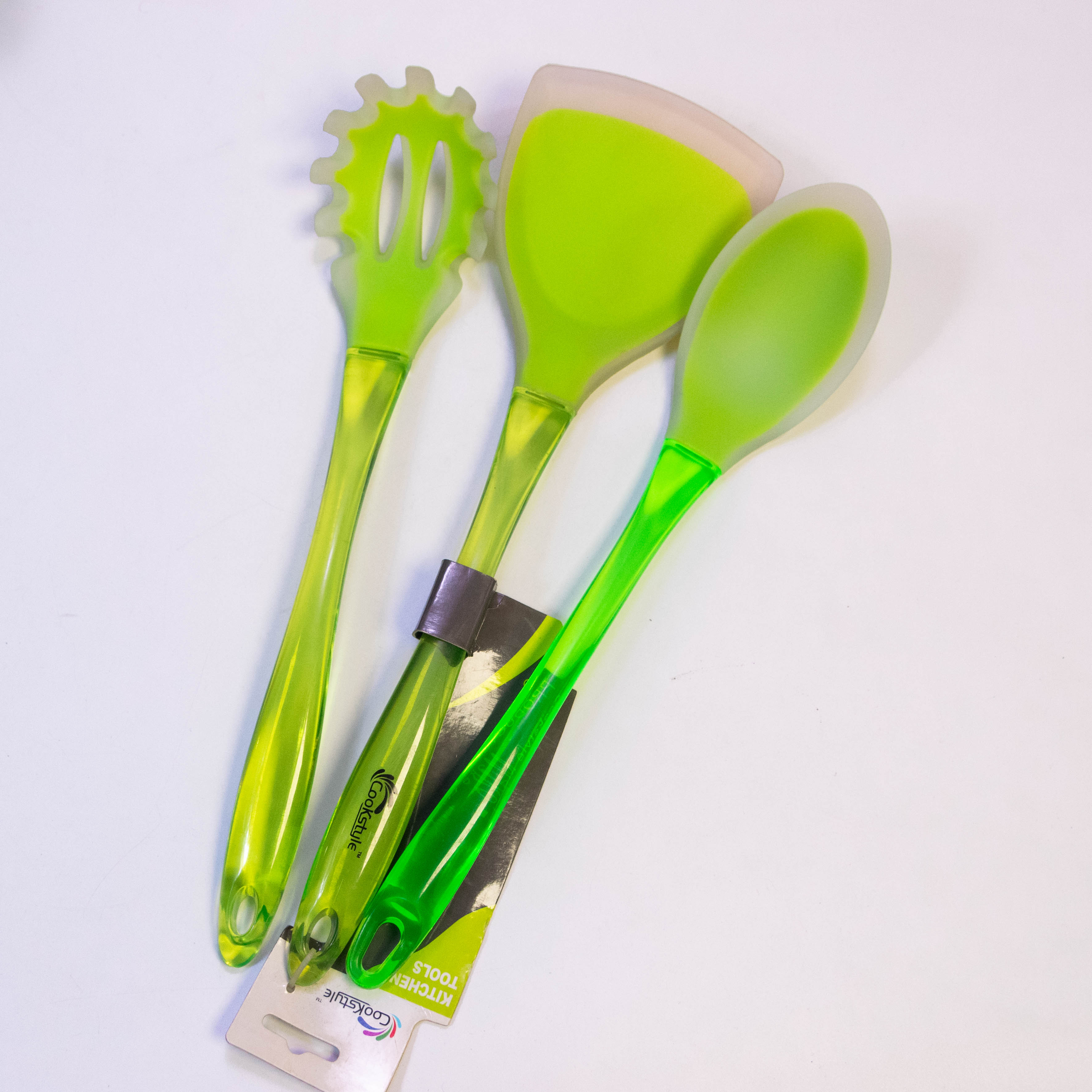 Neo Green Silicone Utensil Set with Long Acrylic Handle - 3 Piece