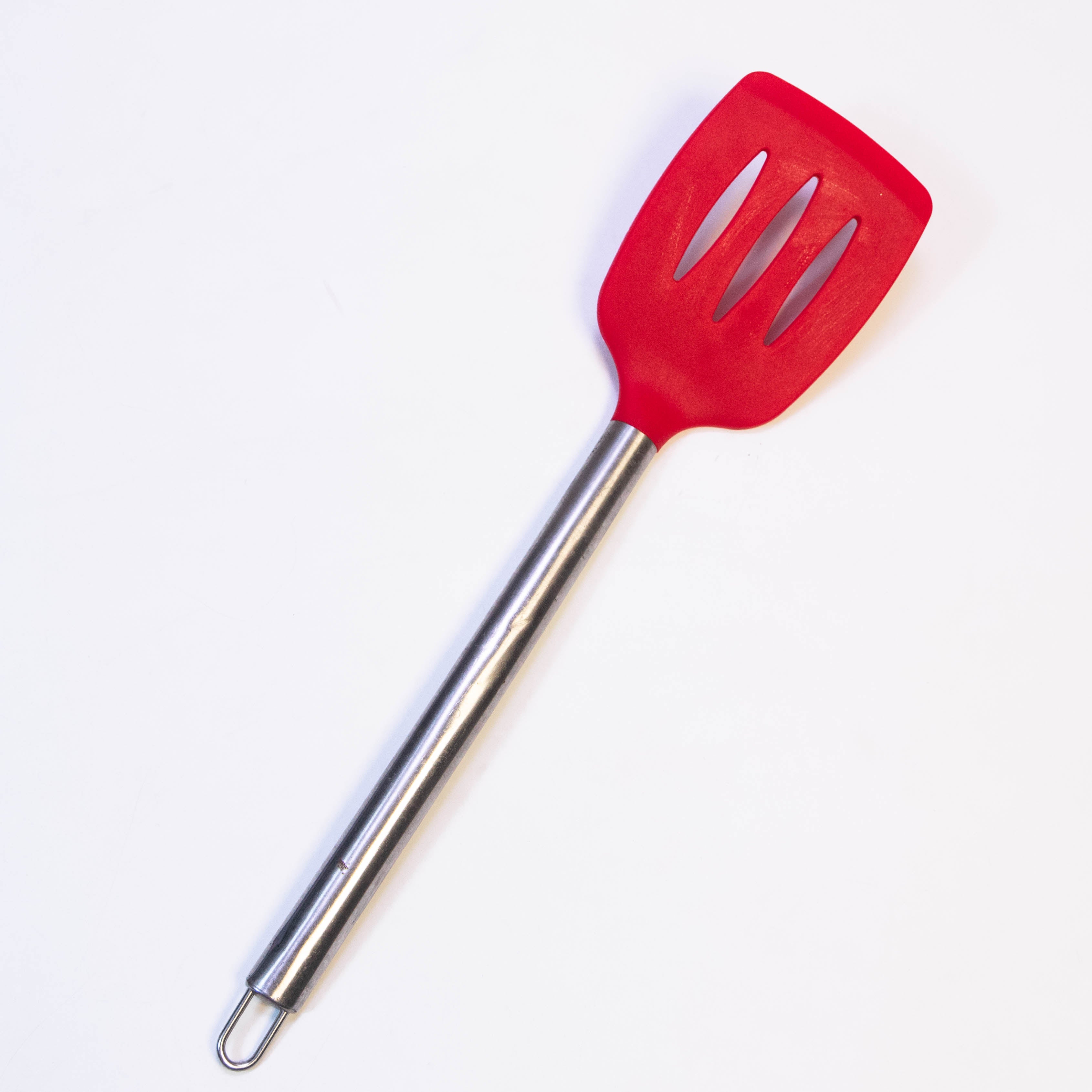 Tablecraft 14" Slotted Turner Spatula with Multi-Color Silicone Head & Stainless Steel Handle