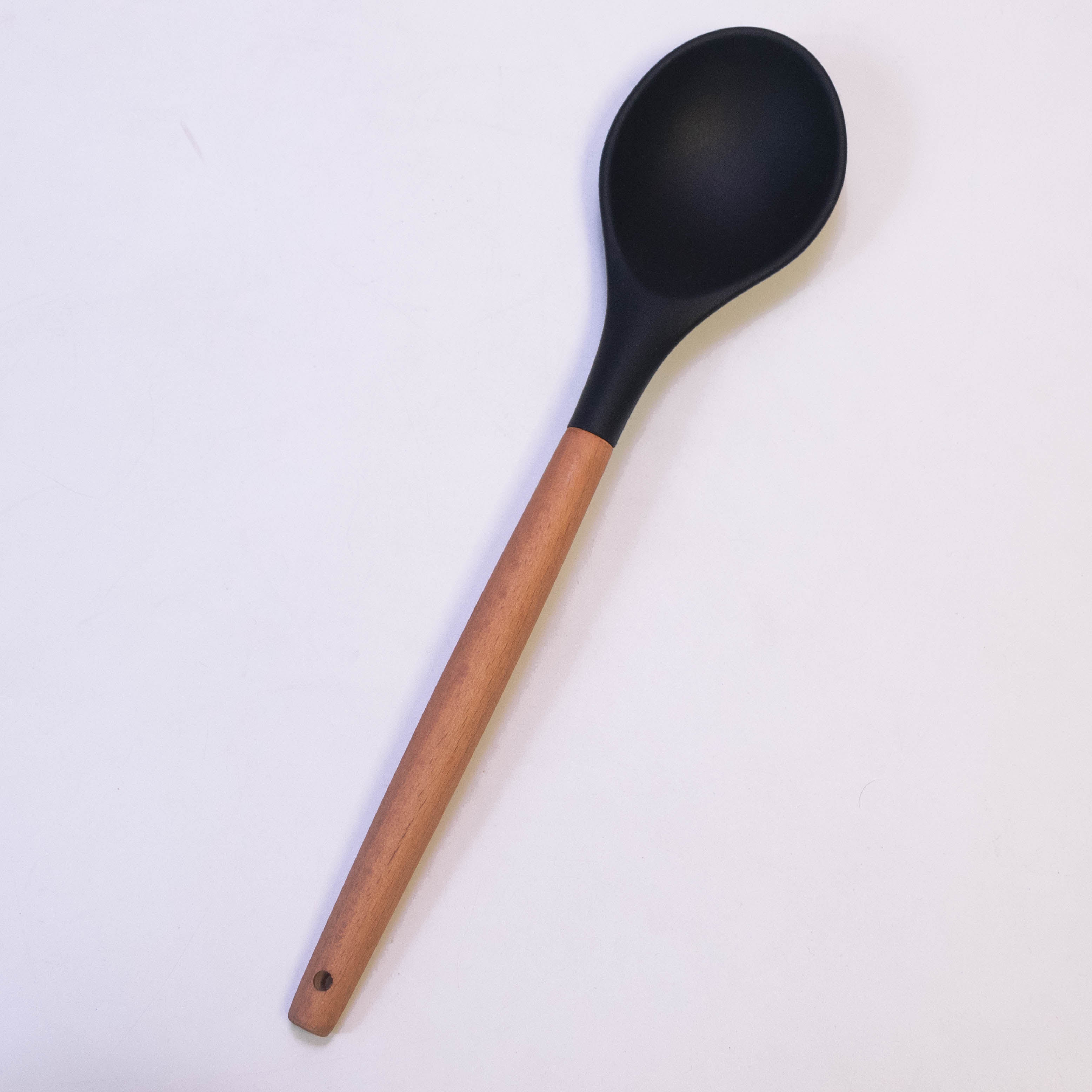 OEM Color Simple Durable Food Grade Kitchen Silicone Serving Spoon with Wooden Handle