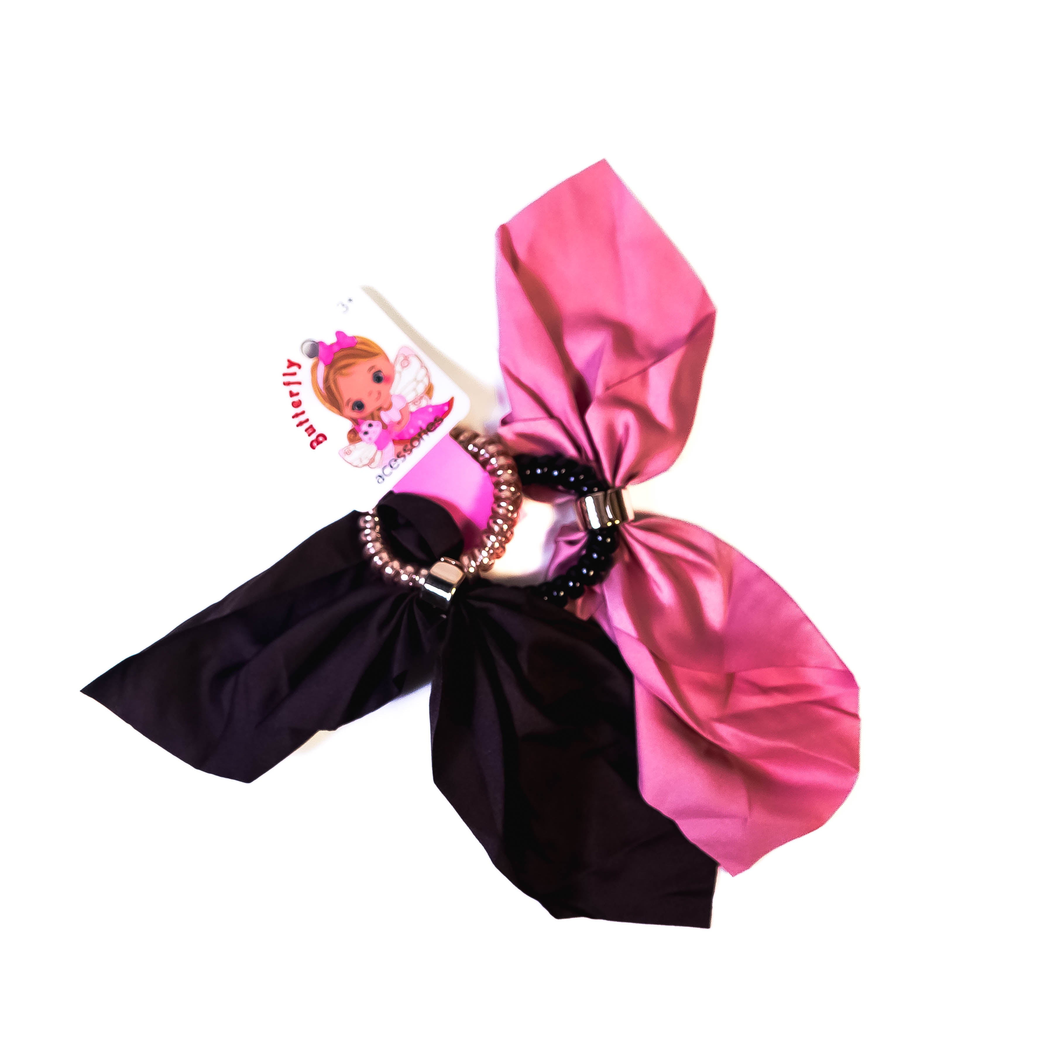 Elevate Your Hairdo: Pack of 2 Fashion Retro Striped Bow Hair Scrunchies in Chic Black & Pink Color