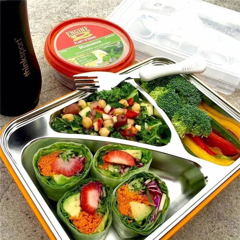 Durable stainless steel lunch container with three compartments and matching cutlery from Zoni Stores Pakistan
