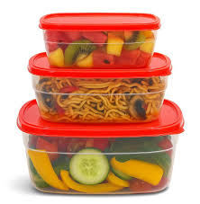 A stack of three clear food storage containers with red lids filled with various meals, available at Zoni Stores.