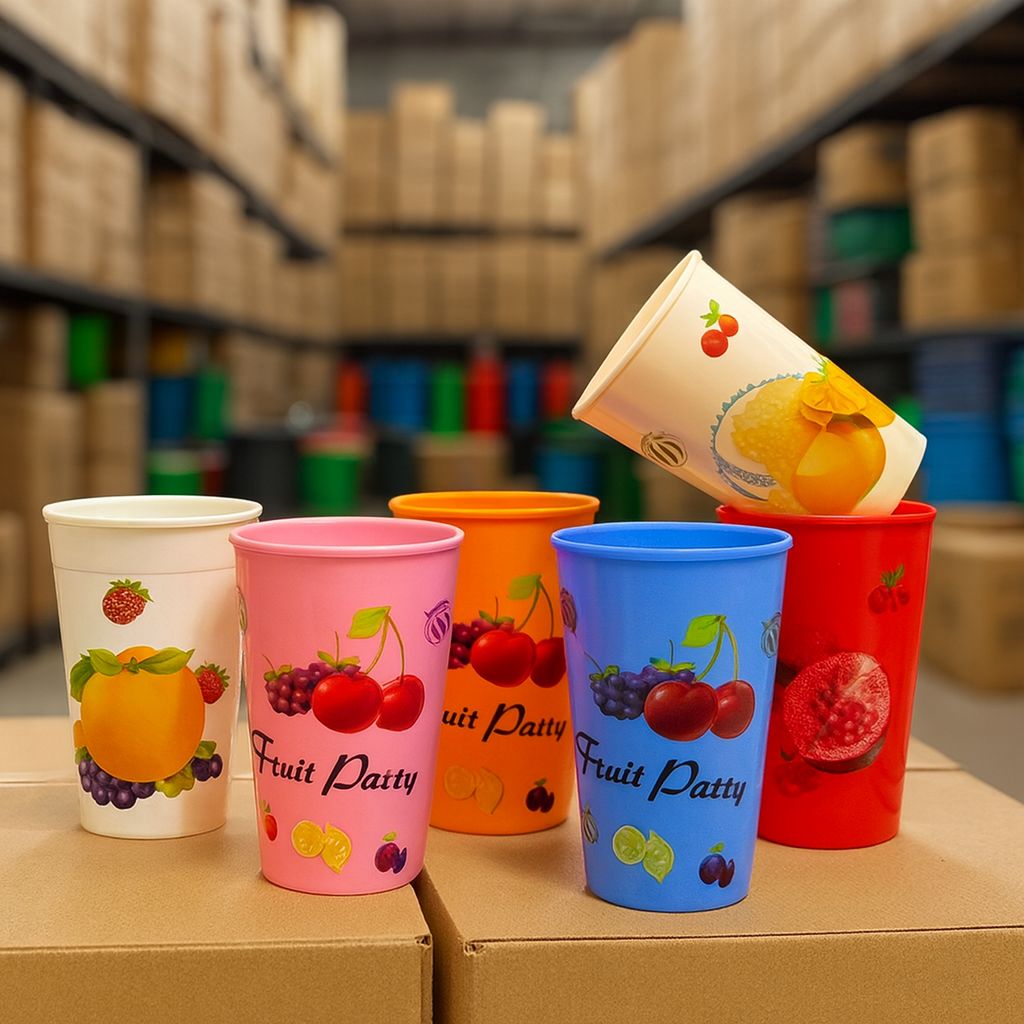 A colorful set of Fruit Patty plastic cups with fruit designs, available at Zoni Stores.