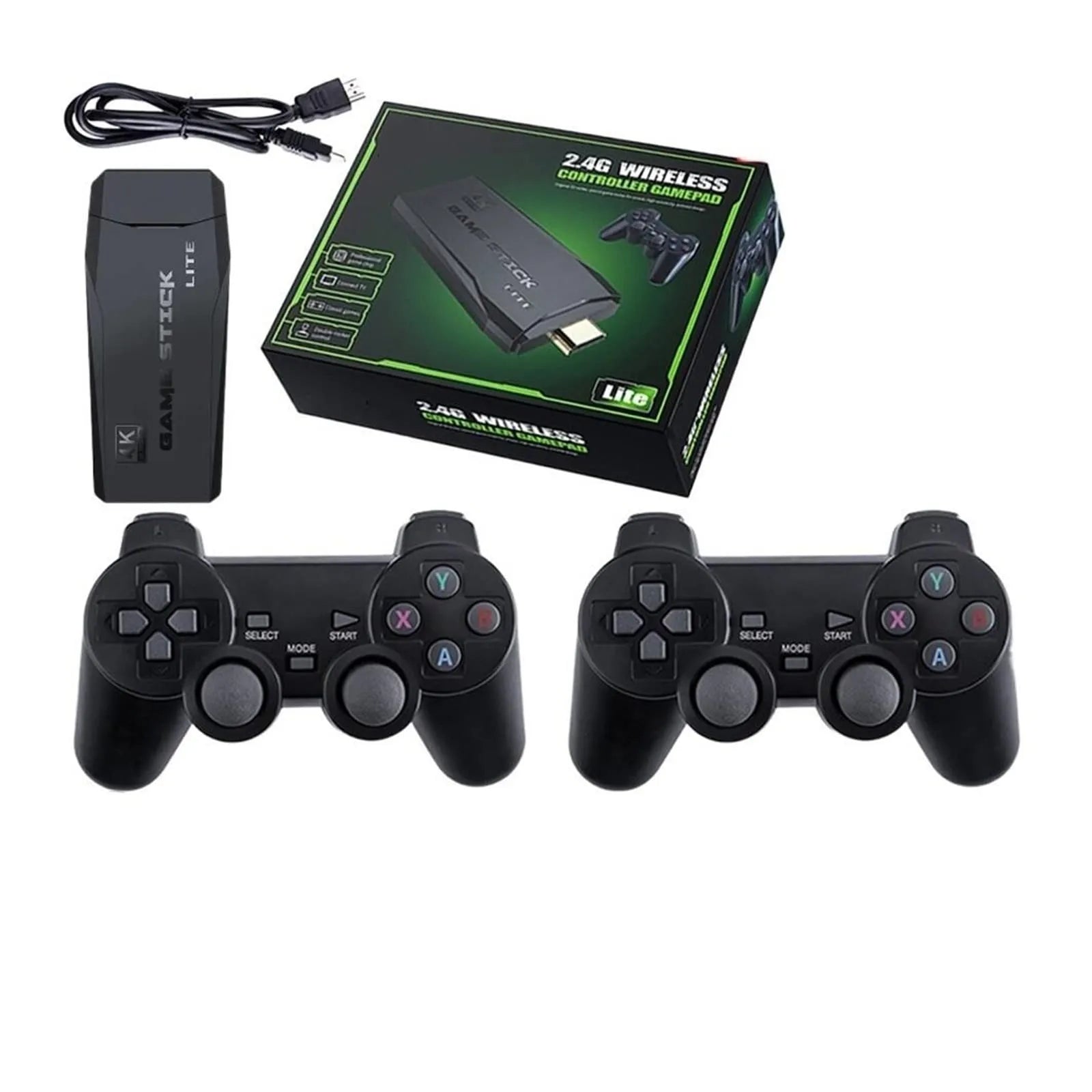 A complete 4K Game Stick Lite console set with two wireless controllers, offering a seamless retro gaming experience on your TV, available at Zoni Stores Pakistan.