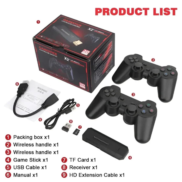 Complete Game Stick X2 console set featuring two wireless controllers, receiver, TF card, and cables, providing an immersive gaming experience in Pakistan at Zoni Stores.