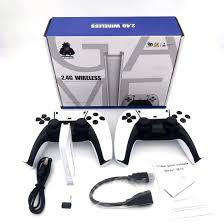 Two white game controllers and a white gaming stick console arranged next to a 4K TV screen showing a game library of 30000 plus titles and 52 emulators.