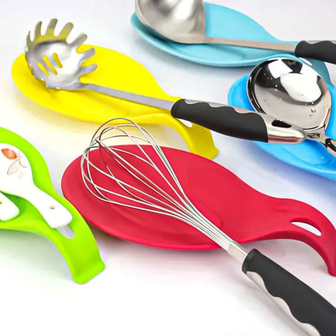 Brightly colored heat-resistant silicone spoon rests for kitchen organization from Zoni Stores