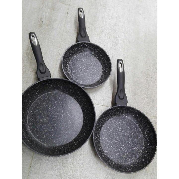 Collection of granite non-stick frying pans at Zoni Stores Pakistan