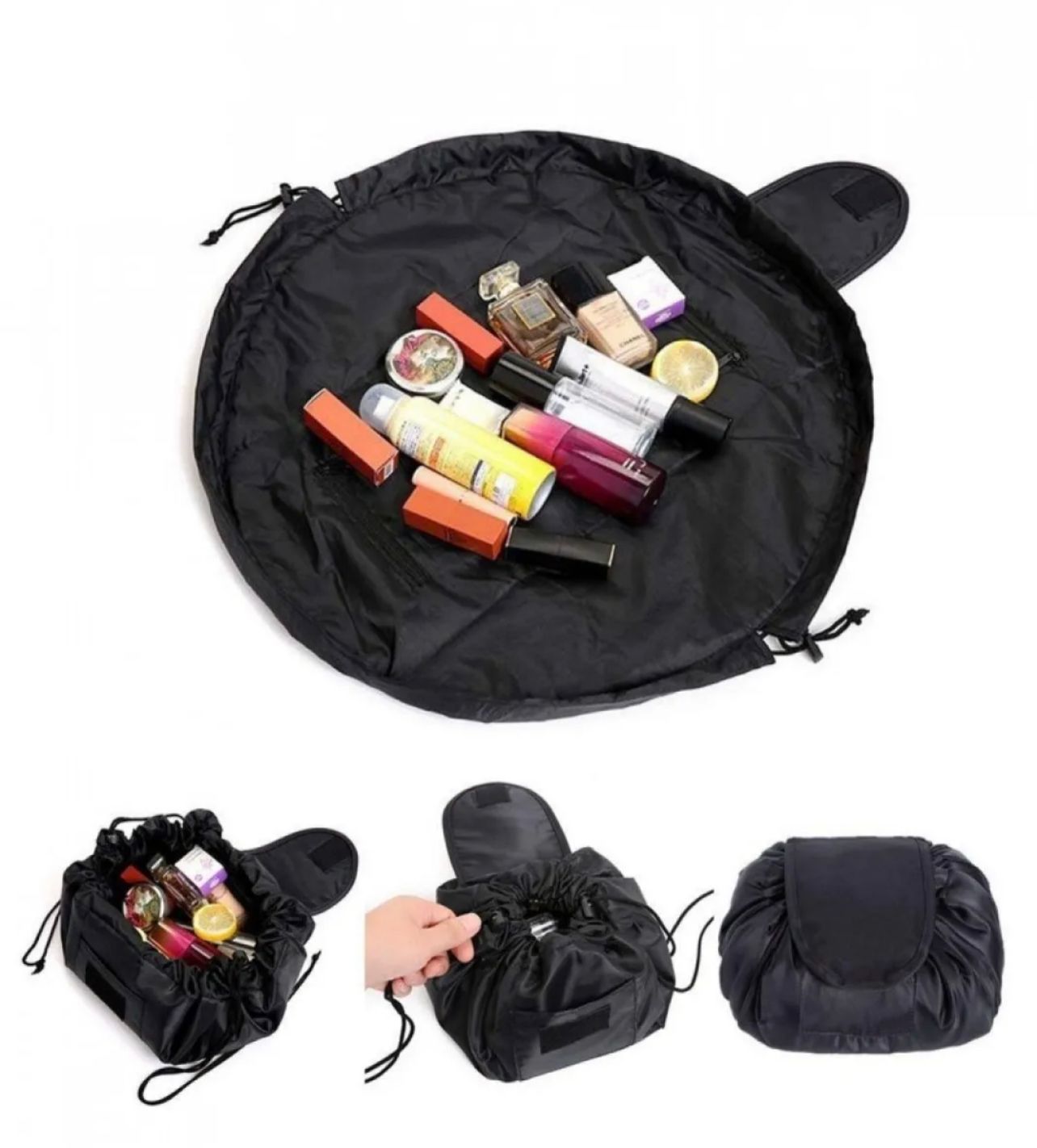 Black lazy drawstring cosmetic bag that lays flat and pulls closed into a portable travel pouch for makeup and toiletries, available at Zoni Stores Pakistan.