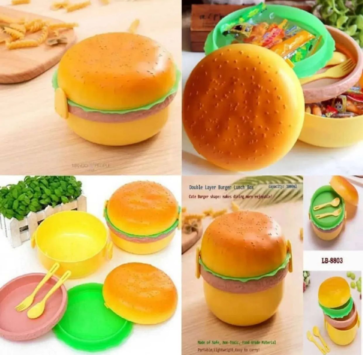 Lunch box kids tiffin box for school burger shaped meal-it box large lunch box with spoon.