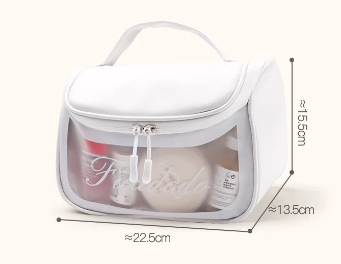 Premium leather toiletry storage bag in creamy white showing a spacious interior compartment for skincare products.