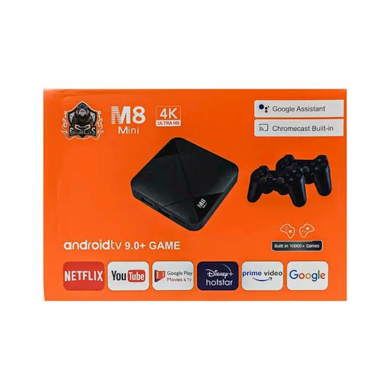 M8 Mini 4K Android TV box supporting Netflix, YouTube, and 10000+ games, available at Zoni Stores Pakistan.