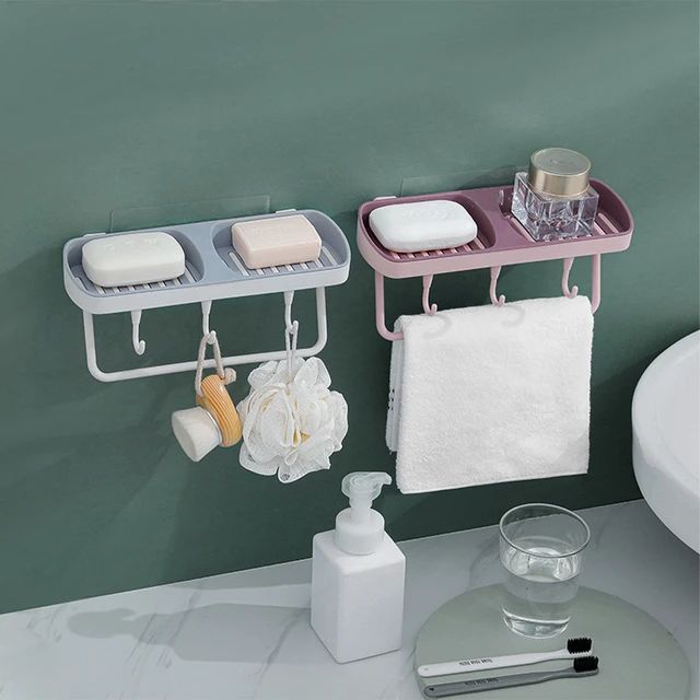 Multipurpose Double Soap Self Adhesive Box with Towel Holder and 3 Hanging Hooks.