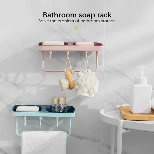 Multipurpose Double Soap Self Adhesive Box with Towel Holder and 3 Hanging Hooks.