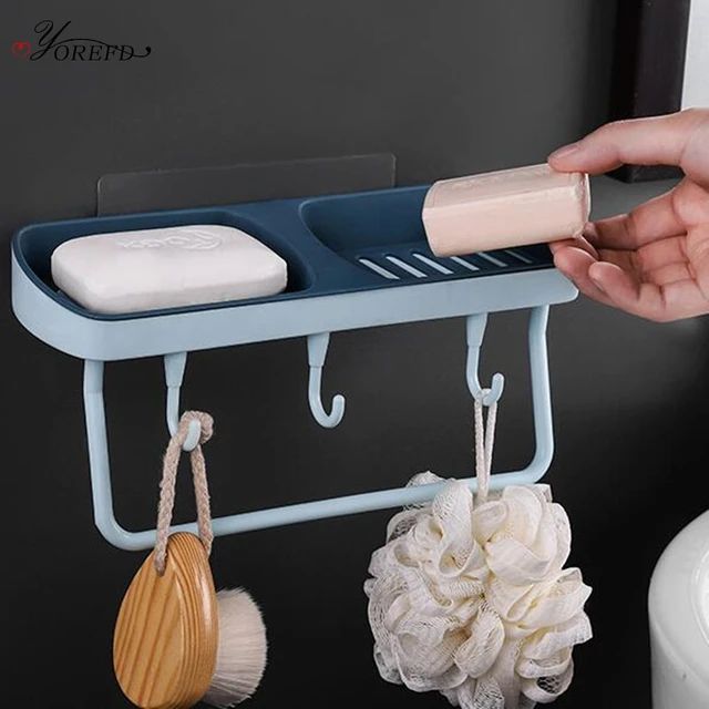 Multipurpose Double Soap Self Adhesive Box with Towel Holder and 3 Hanging Hooks.