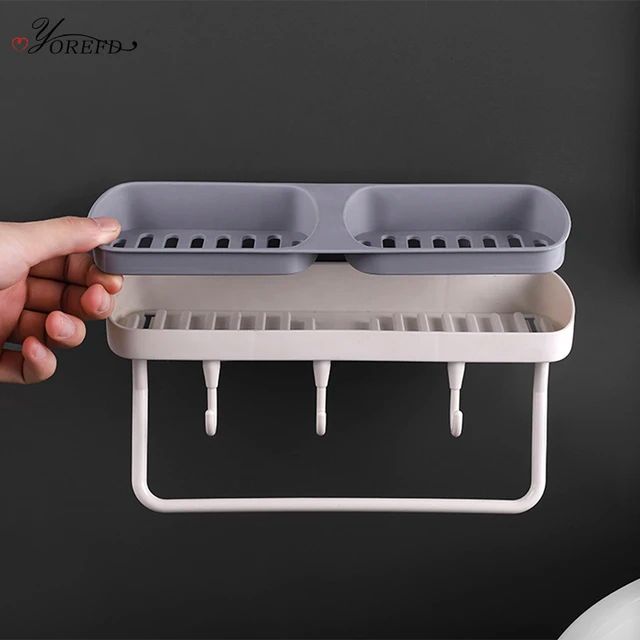 Multipurpose Double Soap Self Adhesive Box with Towel Holder and 3 Hanging Hooks.