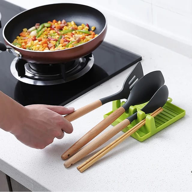 Flexible non-slip silicone utensil rest holding a metal ladle, Zoni Stores online shopping