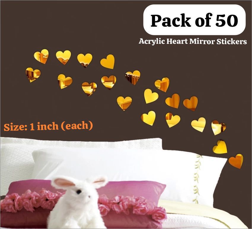 Pack of 50pcs Acrylic Mirror Heart Shape Stickers (Silver and Golden Both Available) Size Almost 1incheach Heart.