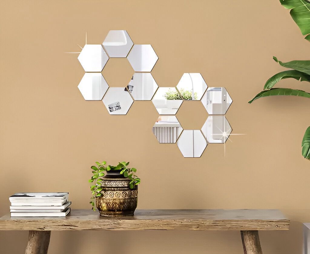 Pack of 6 Acrylics Haxagon Mirror (Golden and Silver Both Available) Size 4 incheach mirror (almost)