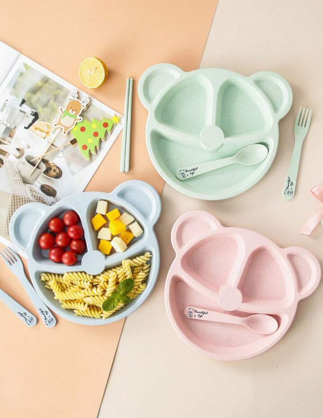 pack of 5pcs Bear Shape Plates Set with 5 pcs spoon and fork.