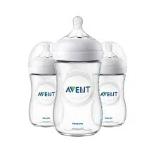 Three clear Philips Avent baby bottles displayed together, available at Zoni Stores.
