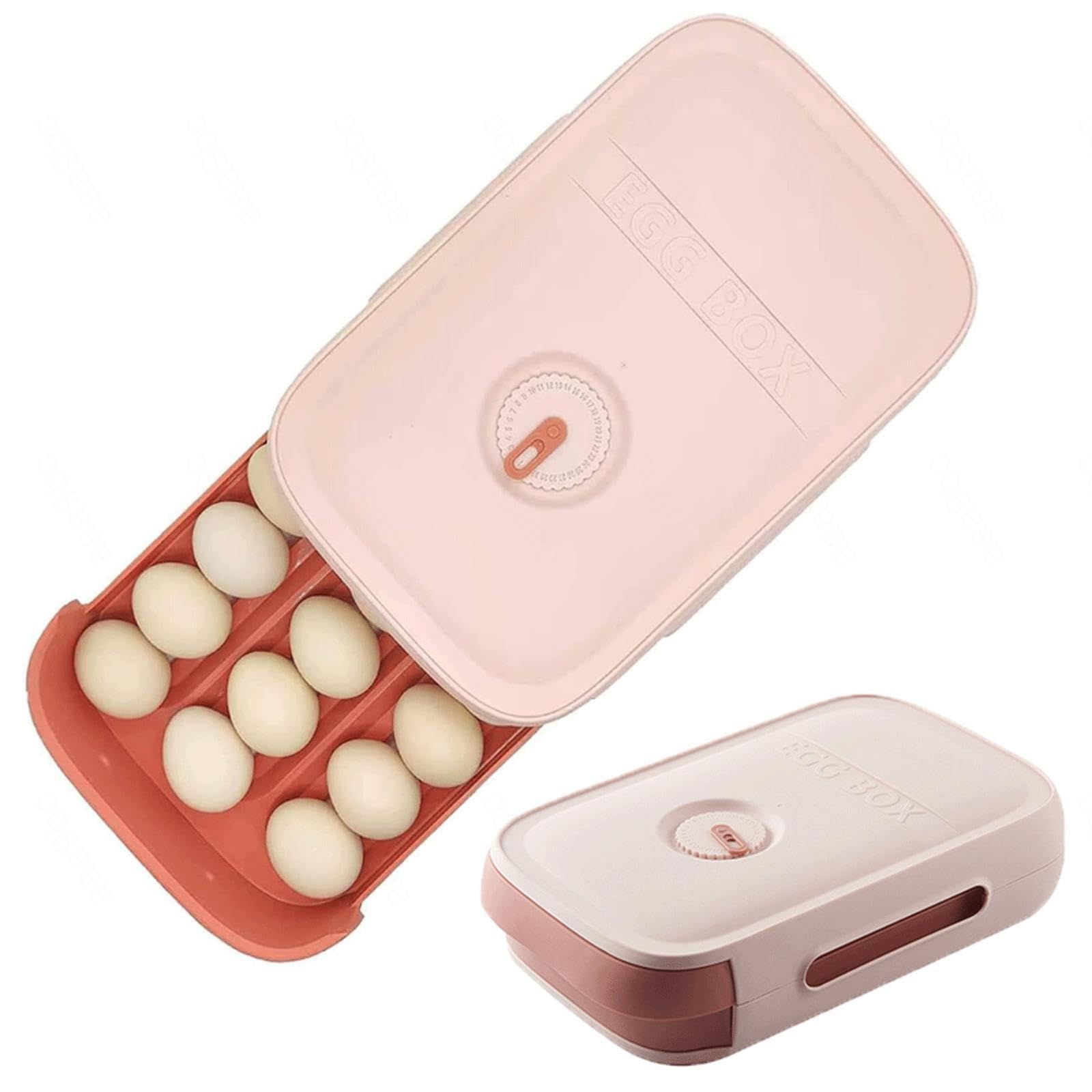 Pink plastic egg storage box with a freshness timer dial and pull-out tray containing eggs available at Zoni Stores Pakistan