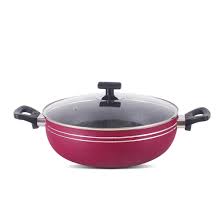 Red non-stick karahi with glass lid for Pakistani kitchen cooking