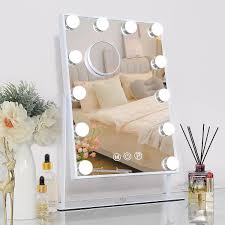 Professional makeup mirror with dimmable LED lights and adjustable stand for vanity desks at Zoni Stores