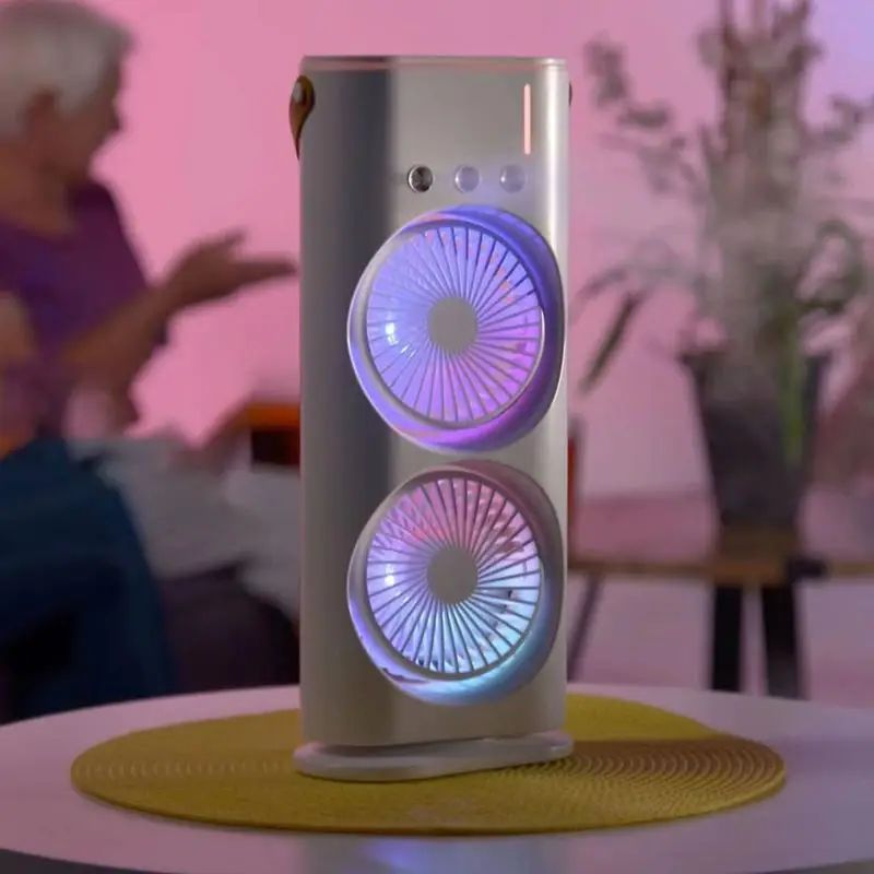 Rechargeable Automatic Rotating Dual Double Spray Mist Fan with Lightening Effects.