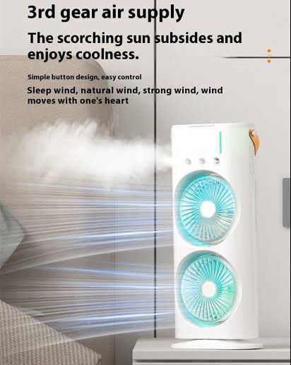 Rechargeable Automatic Rotating Dual Double Spray Mist Fan with Lightening Effects.