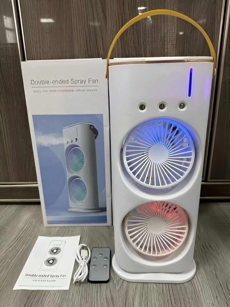 Rechargeable Automatic Rotating Dual Double Spray Mist Fan with Lightening Effects.