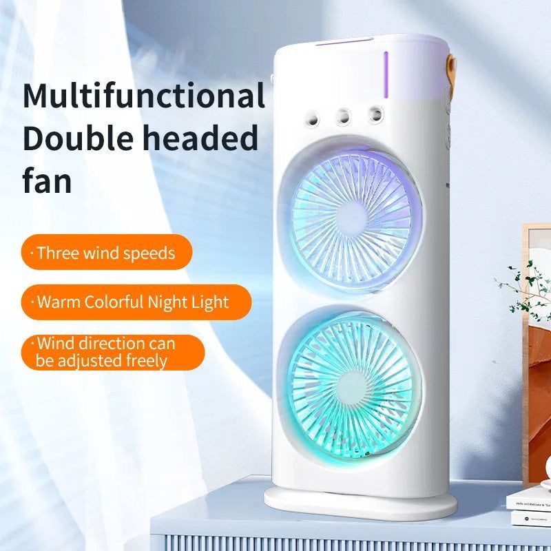 Rechargeable Automatic Rotating Dual Double Spray Mist Fan with Lightening Effects.