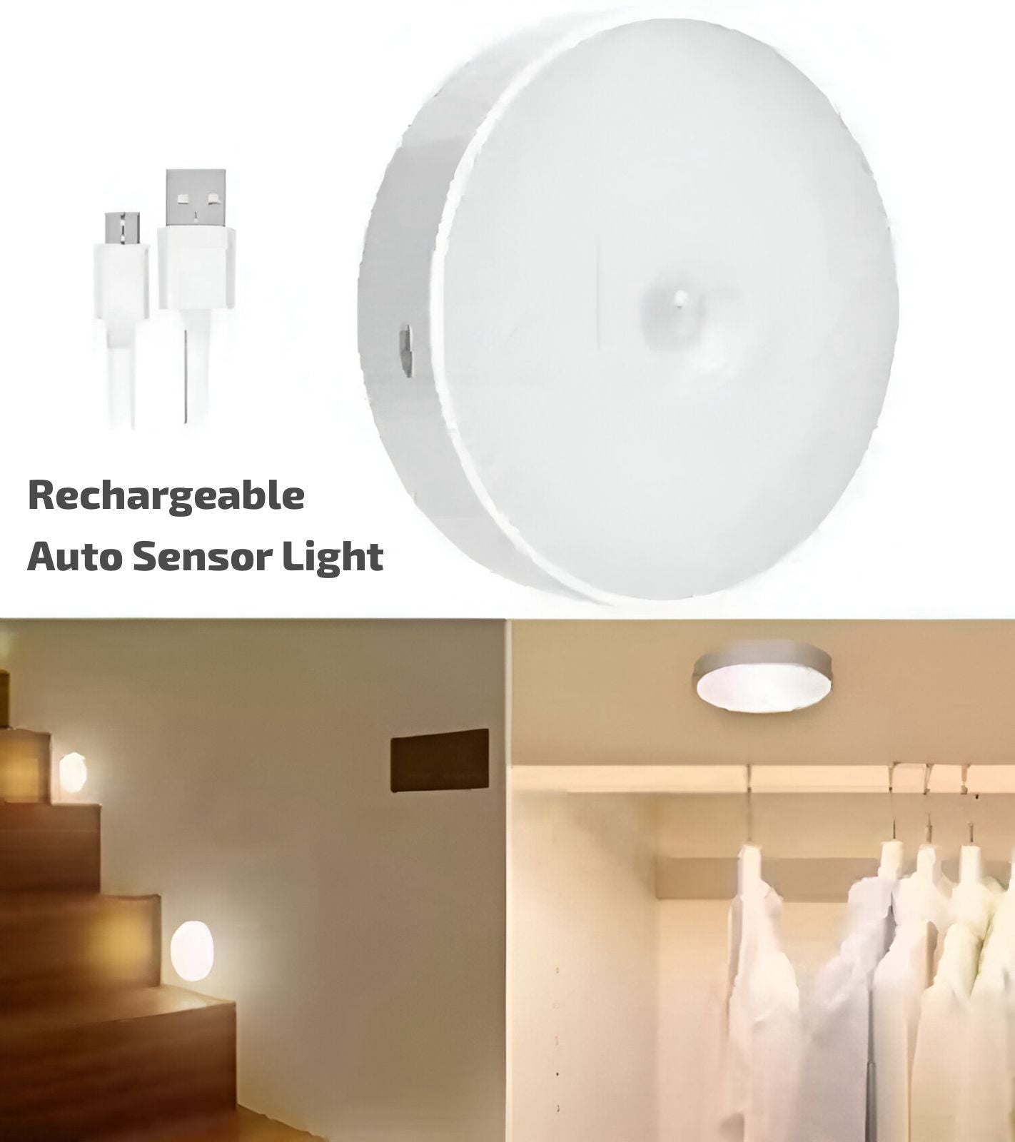 A round white motion sensor LED light automatically lighting up the inside of an open trash can lid
