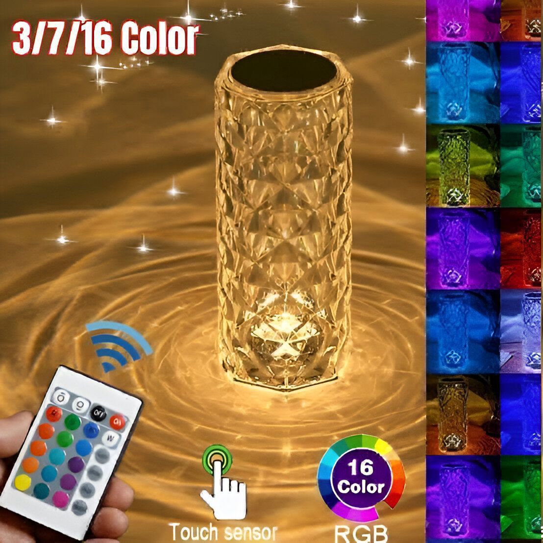 A glowing crystal rose diamond table lamp projecting a vibrant 16-color RGB geometric rose shadow pattern on a tabletop