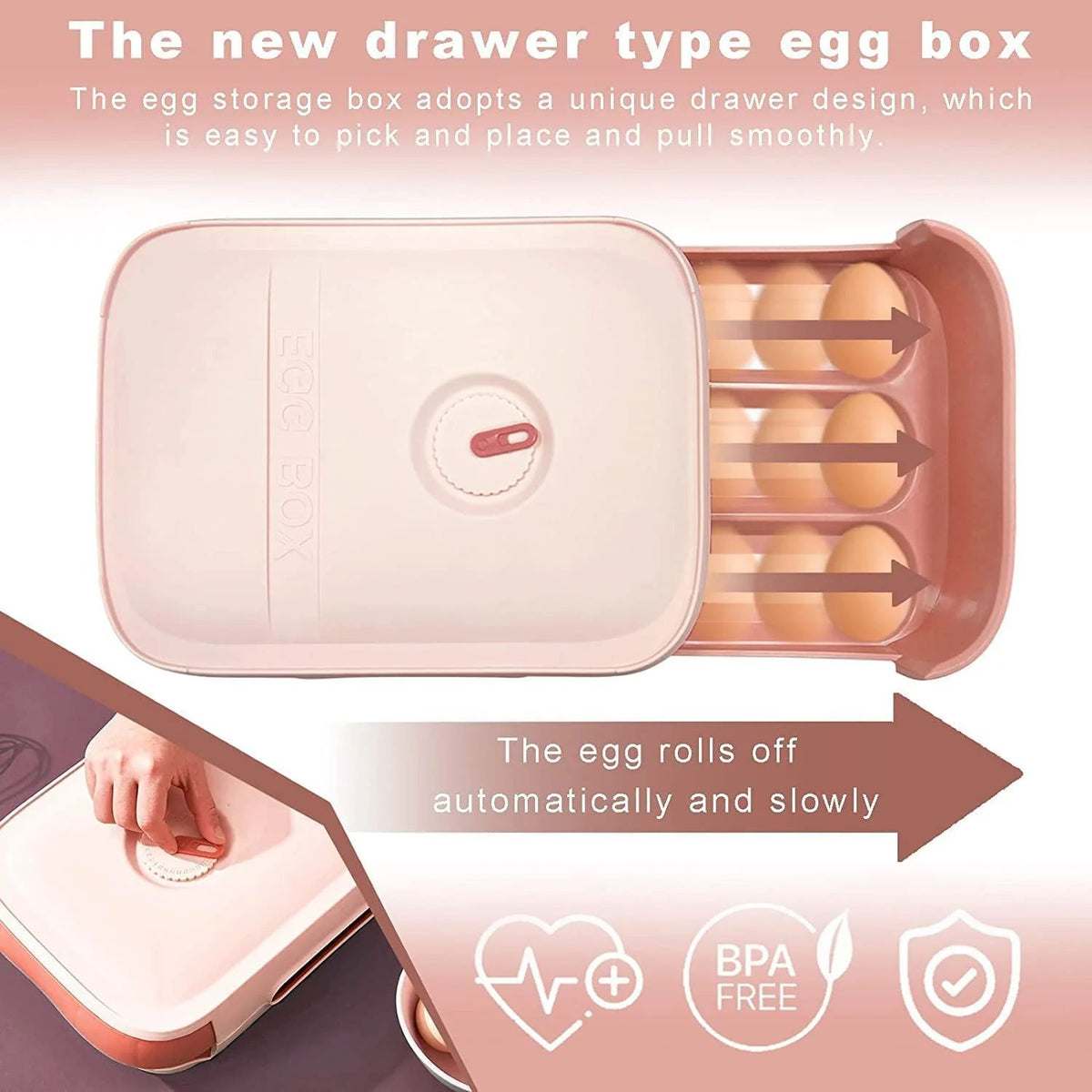 Freshness tracking pink egg container box with sliding tray for kitchen fridge organization from Zoni Stores