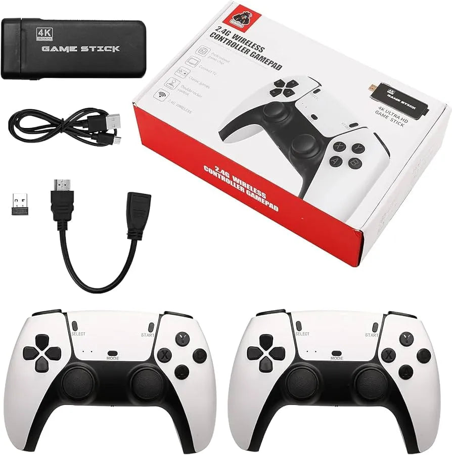 A 4K Ultra HD wireless game stick and two controllers shown with a TV display highlighting 30000 plus games and 52 emulators available on the console.