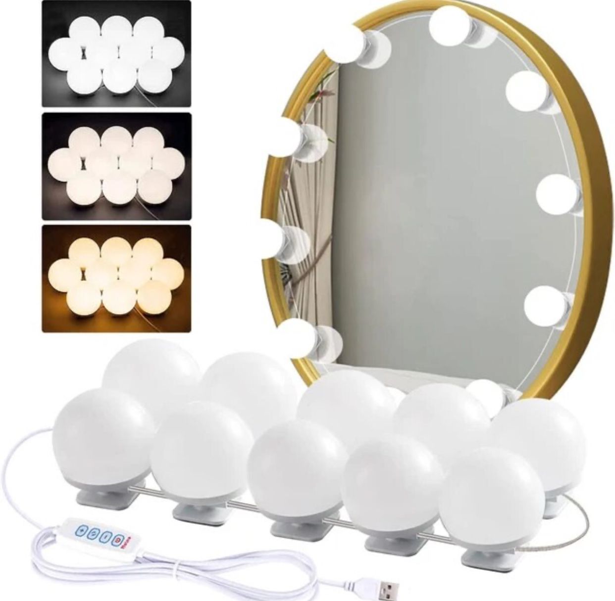 Round tabletop Hollywood vanity mirror with built-in LED bulbs on a wooden base with makeup brushes and nail polish, available at Zoni Stores Pakistan.
