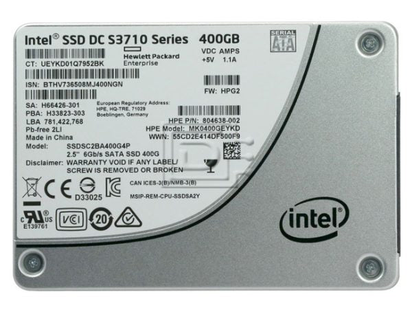 DESKTOP HARD DISK DRIVES, HARD DISK DRIVES, LAPTOP HARD DISK DRIVES, SSDS BRANDED SSD USED INTEL 400GB SOLID STSTE DRIVE SSD SATA III 6 GB/s Intel SSDSC2BA400G4P/ SSDSC2BA400G 4/ HPE 804638-002/ 400GB DC S3700 WI SSD/ ORIGINAL BRANDED USED PRODUCT