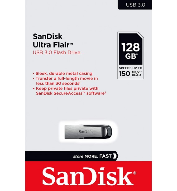 SANDISK, USB DRIVES Sandisk Ultra Flair 128GB USB 3.0 Flash Drive | Up to 150 MB/s Data Transfer Speed Metal casing |