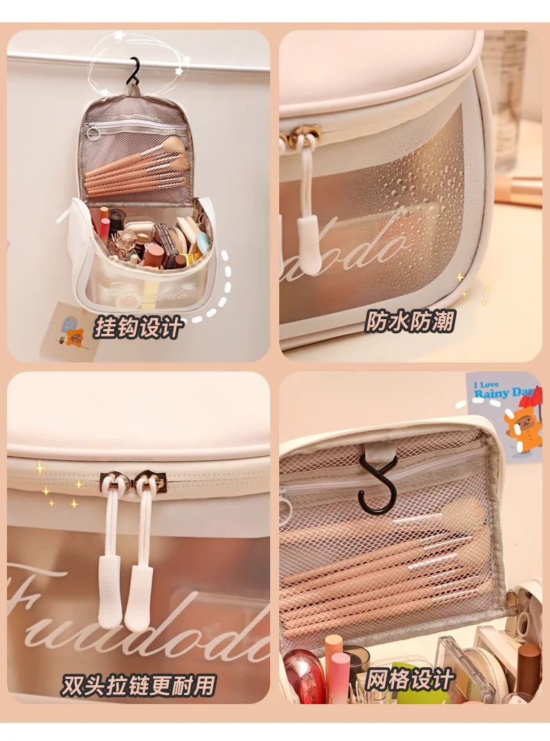 Clear toiletry bag for travel with a sturdy top carrying handle, perfect for organizing vanity essentials.