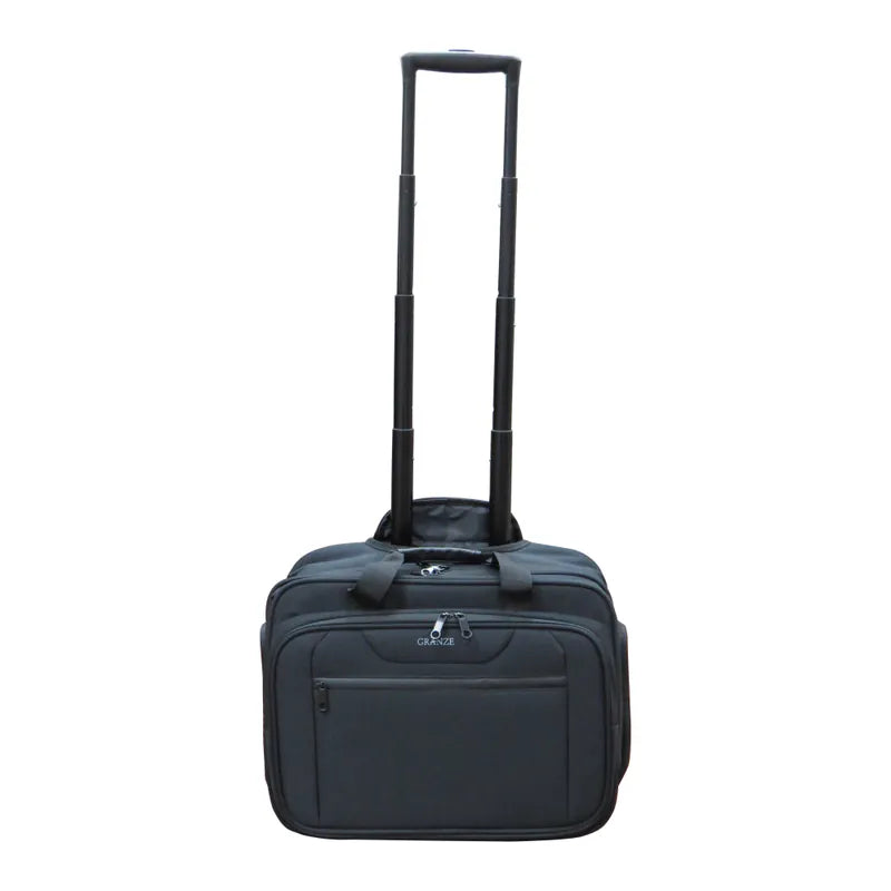 Black travel trolley bag with an extended telescopic pull handle available at Zoni Stores