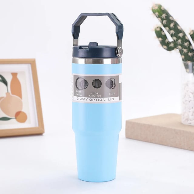 Thermal drinkware bottle with carry handle and 3 way lid option from Zoni Stores