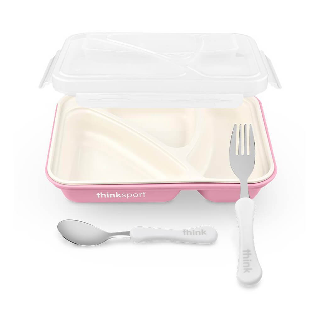 Thinksport leak free bento box with matching spoon and fork set for school lunches from Zoni Stores