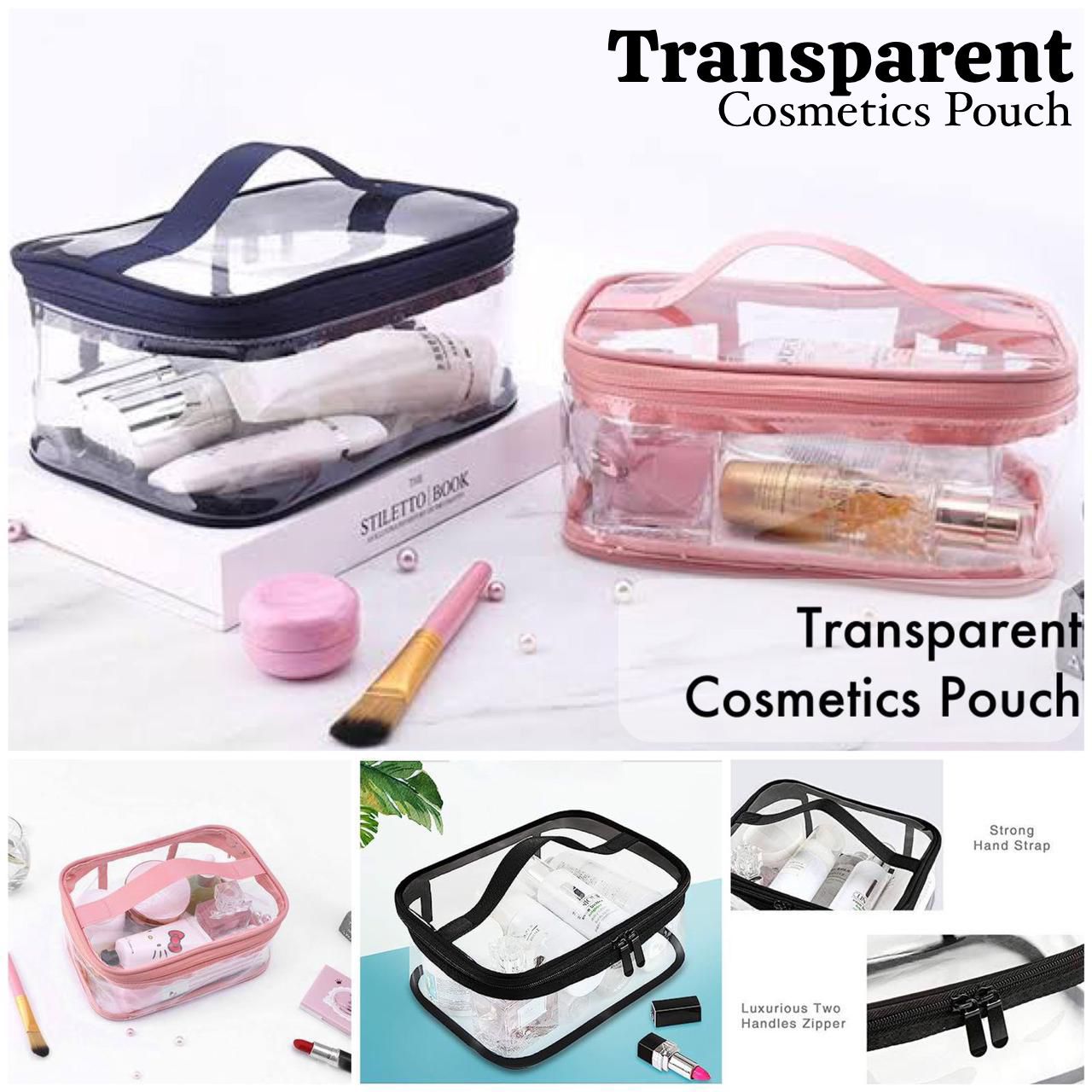 Two clear PVC travel cosmetic pouches with secure zippers and reinforced handles in navy blue and pink, displayed on a white surface with makeup brushes and beauty products.