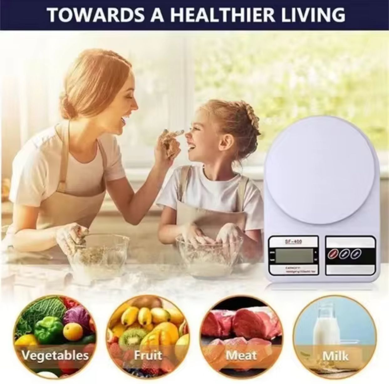 White digital kitchen weighing scale with LCD screen next to a mother and child baking, displaying icons for measuring vegetables, fruit, meat, and milk at ZoniStores Pakistan