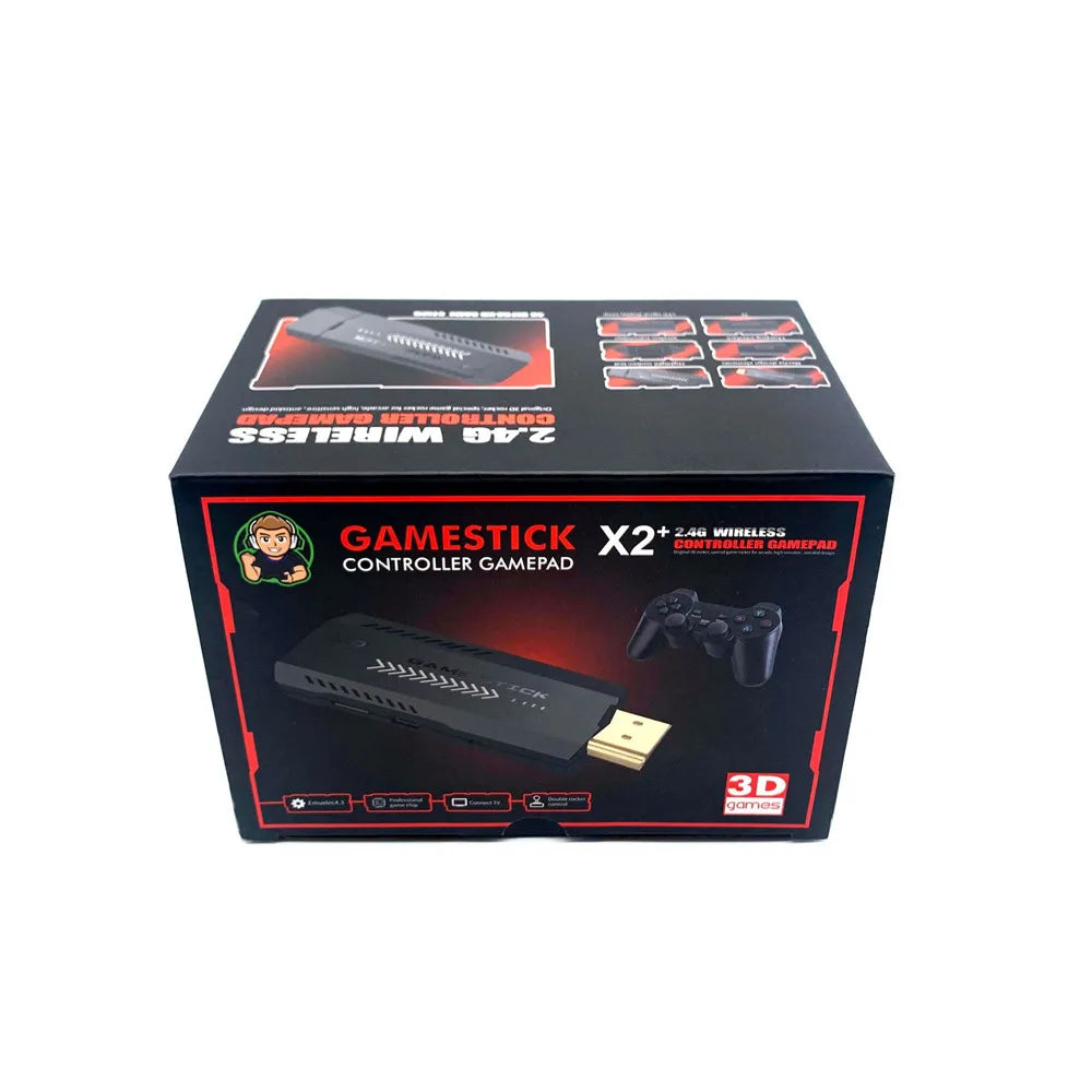 The Game Stick X2 console set with two wireless handles and HD extension cable, an ideal choice for TV gaming enthusiasts looking for convenience at Zoni Stores.