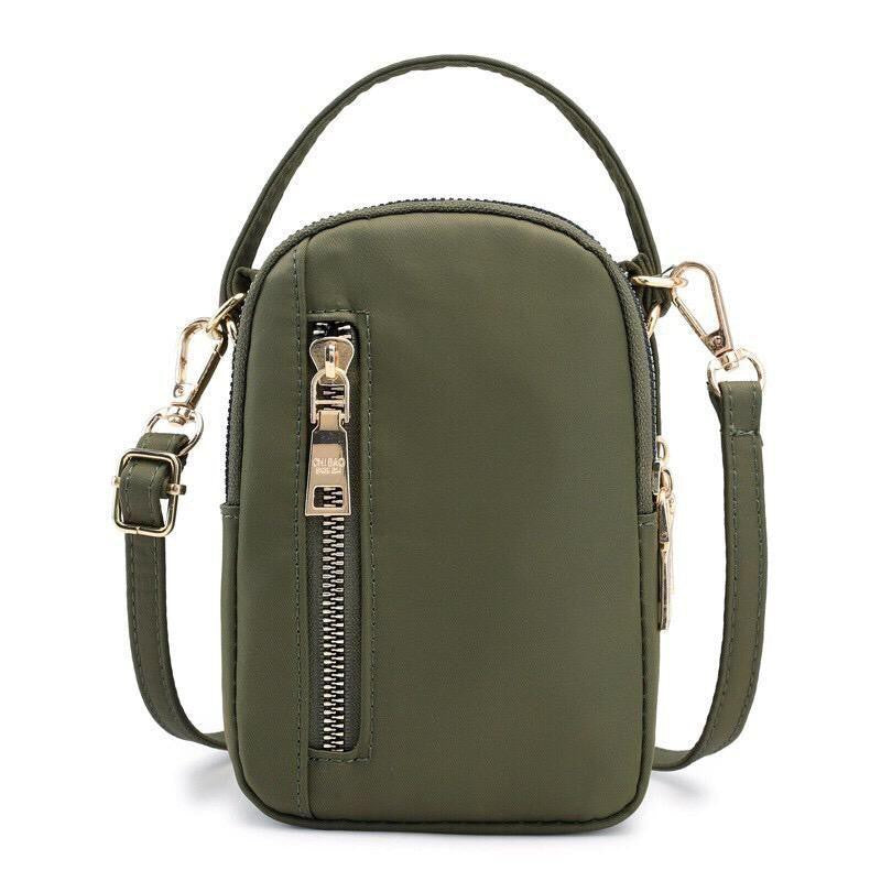 Modern nylon phone crossbody bag with striking gold hardware and top handle, exclusively at ZoniStores Pakistan